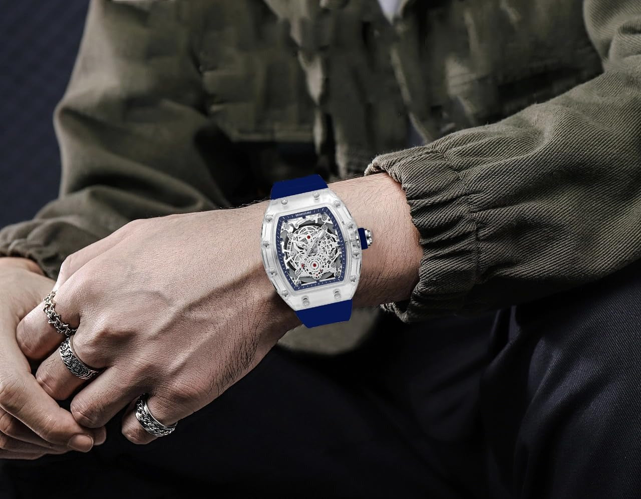 Fashion Hollowed Men Watches Tonneau Transparent Analog Display Silicone Strap Calendar Quartz Waterproof Trend Male Wrist Watch
